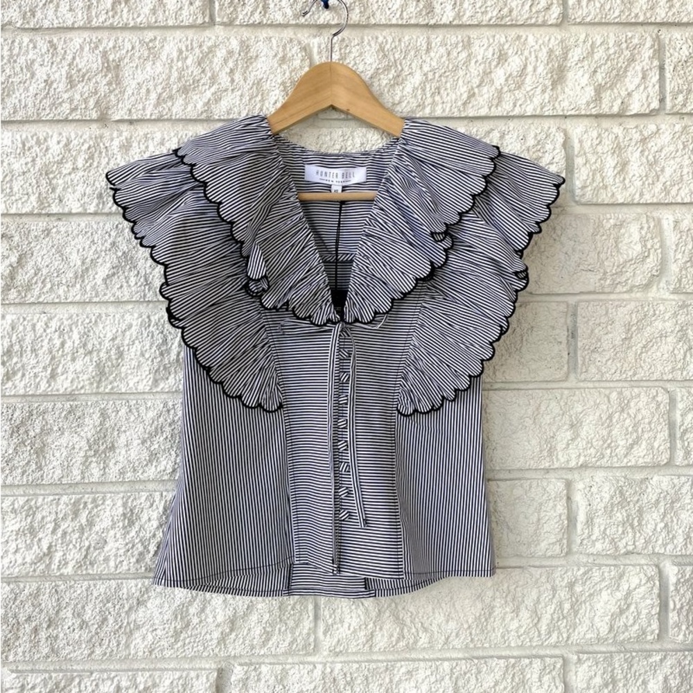 HUNTER BELL Black and White Striped Ruffle-Trim Tie-Neck Blouse - Picture 7 of 10